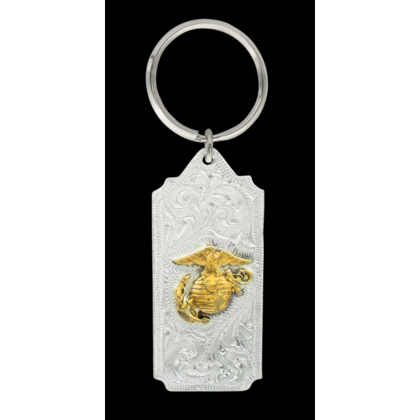 Gold USMC, Our Gold USMC keychain includes beautiful, engraved scrolls, a 3D Marines globe & anchor figure,  back engraving, and a key ring attachment. Each 